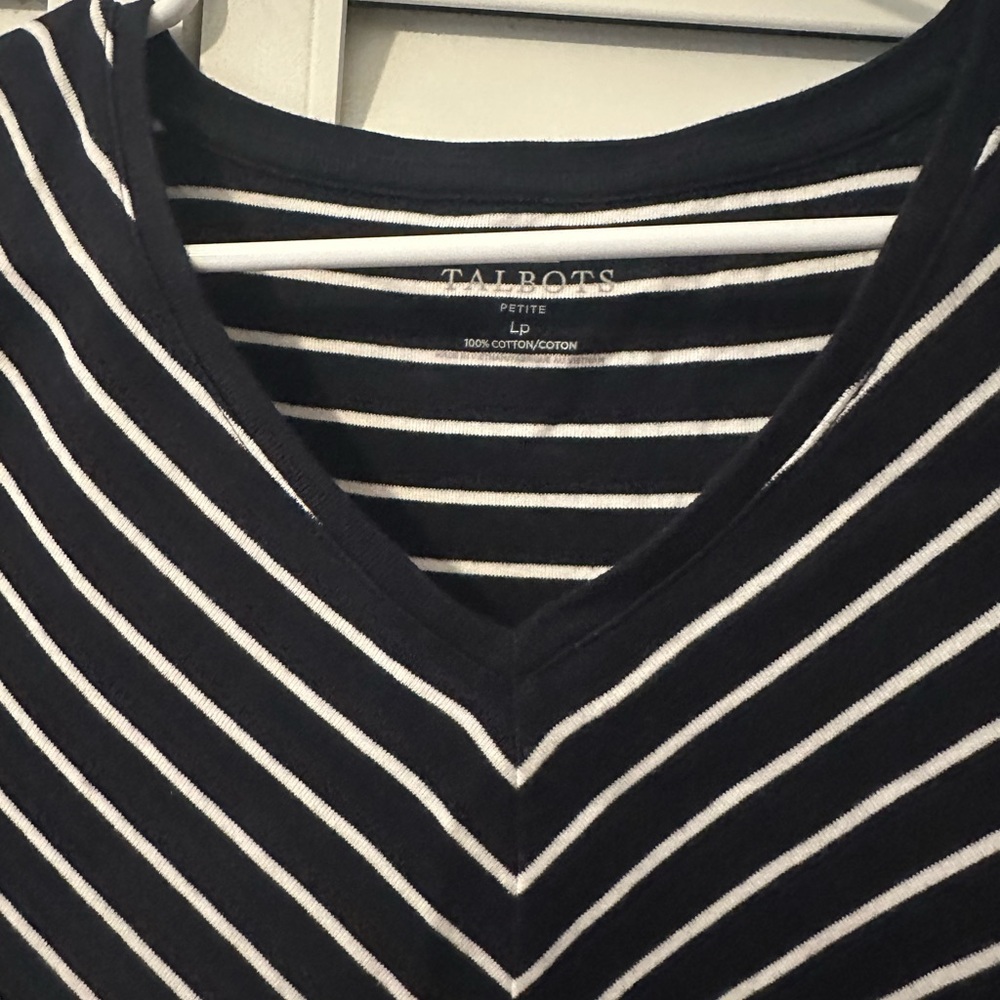 Talbots Navy and White Striped V-Neck Tee